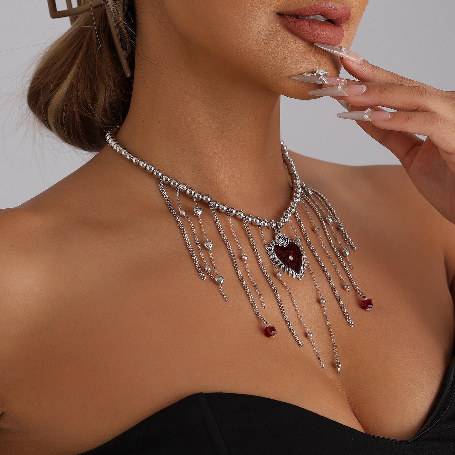 Gothic Sweet Heart Geometric Alloy Plated Necklace with Tassel for Women