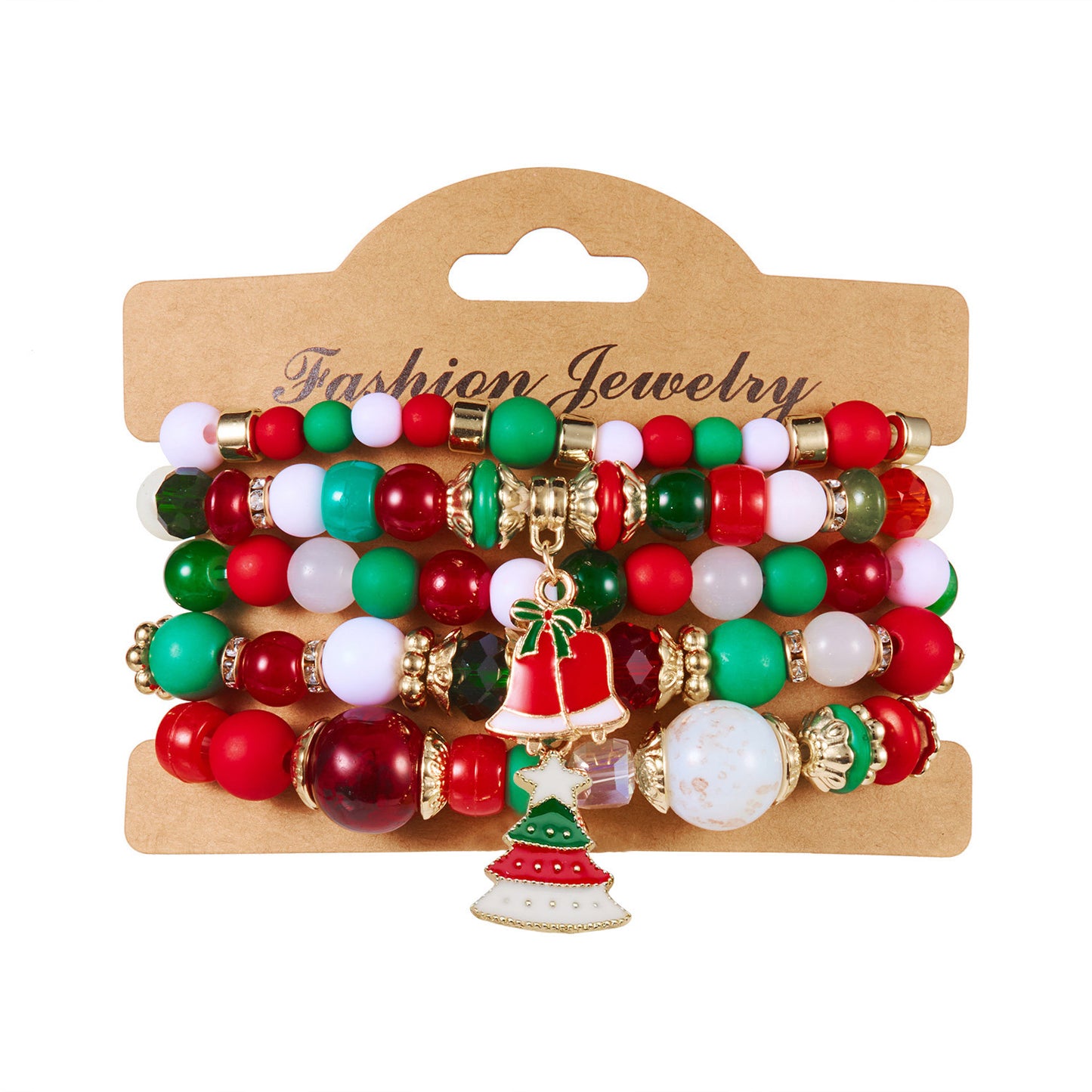 Set di braccialetti elastici da donna a tema natalizio alla moda con perline di Babbo Natale e renne in acrilico in lega