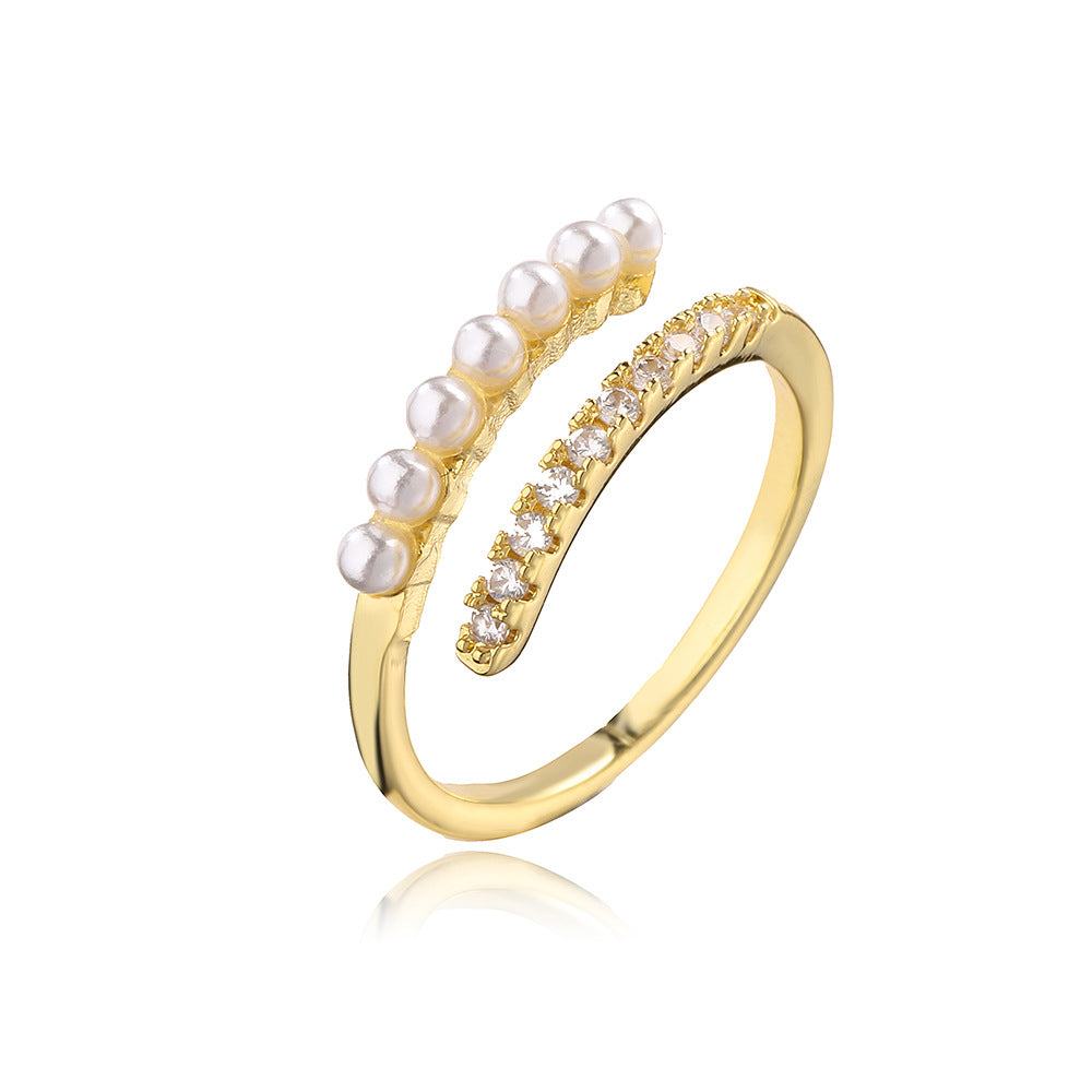 Anello Aperto Geometrico Minimalista da Donna Realizzato in Ottone con Placcatura in Oro 18K e Zirconia Micro-Incastonata