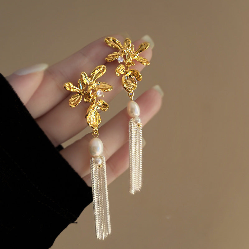 Pendientes colgantes florales de estilo lujoso con incrustaciones de pedrería y detalles de perlas para mujer
