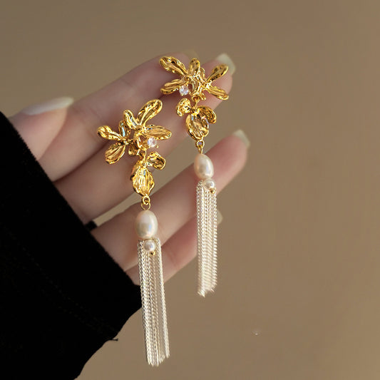 Luxury-Style Floral Pendant Earrings with Rhinestone Inlay and Pearl Accents for Women