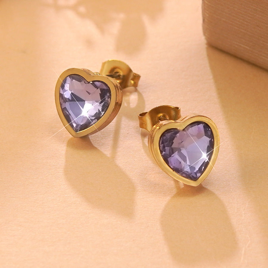 Elegant Gold Plated Stainless Steel Heart Cubic Zirconia Stud Earrings