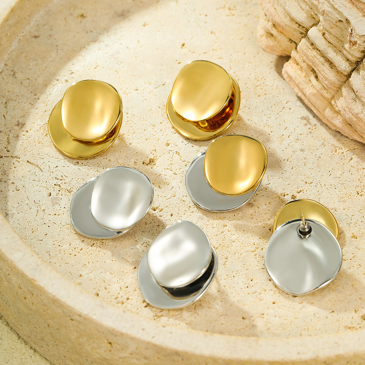 Minimalist Geometric Round Stainless Steel Stud Earrings with Plated Finish for Women