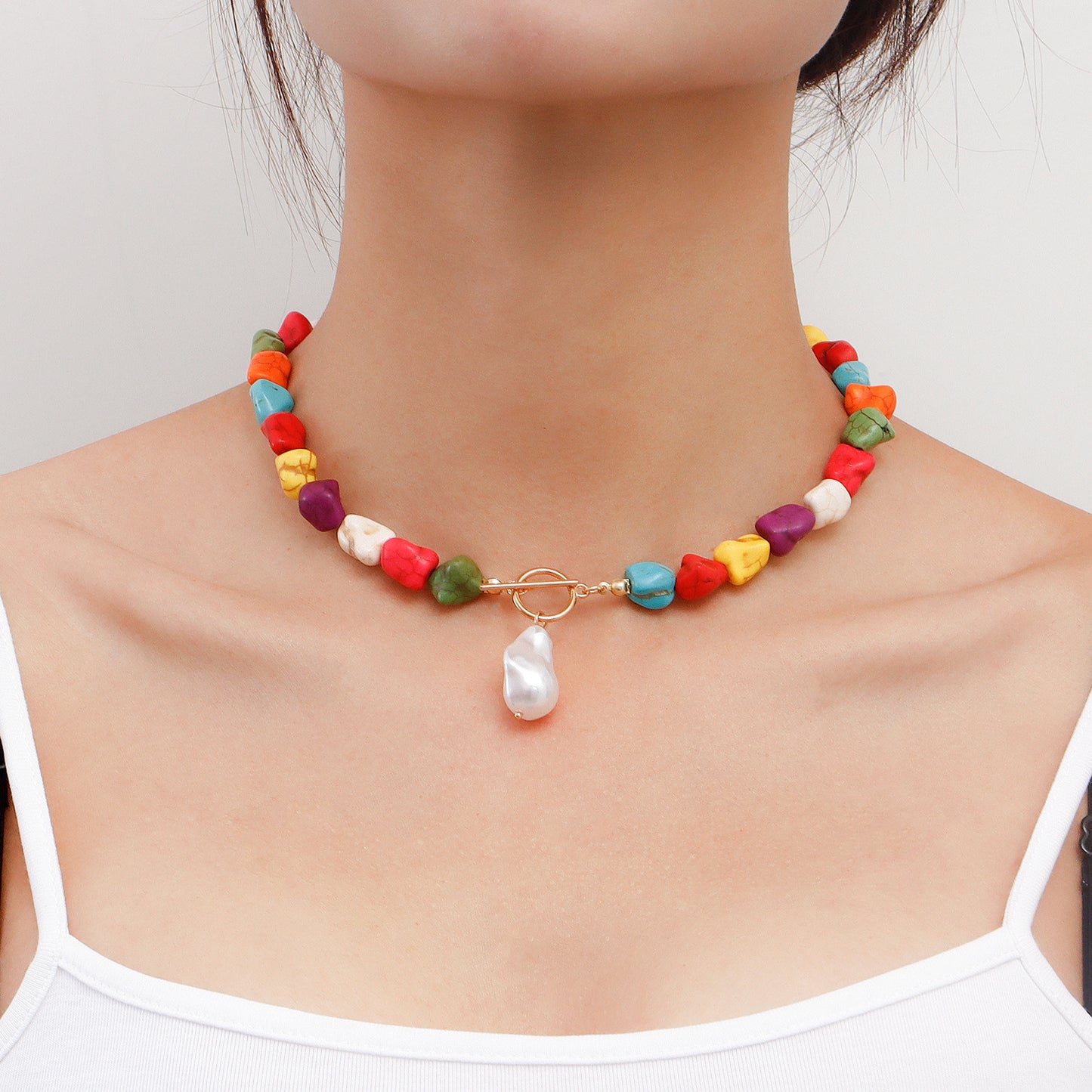 Natural Style Irregular Turquoise and Pearl Pendant Necklace for Women with Geometric Shape Alloy Chain and Electroplated Finish