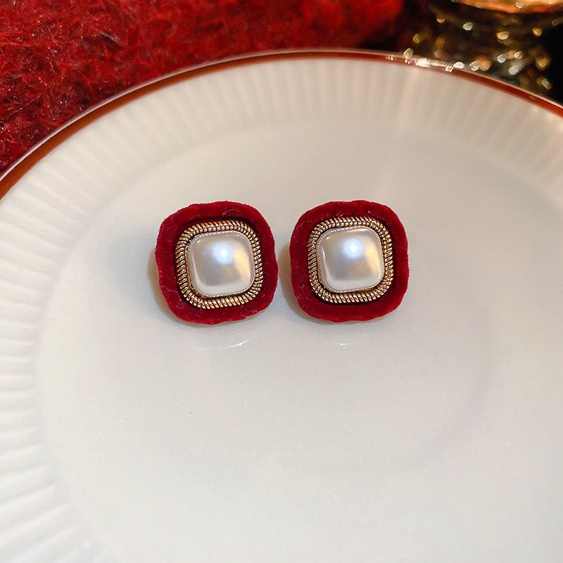 Elegant Geometric Dangle Stud Earrings for Women with Red Tassels, Alloy Base and Gold Plated Finish