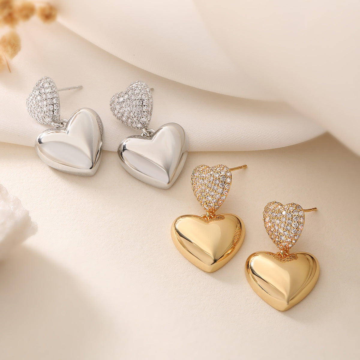 Minimalist Luxe Copper Gold-Plated Zircon Heart-Shaped Earrings for Women