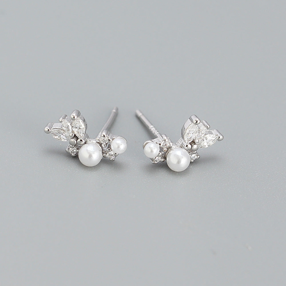Sweet Elegant 925 Sterling Silver Geometric Round Oval Pearl Cubic Zirconia Stud Earrings for Women