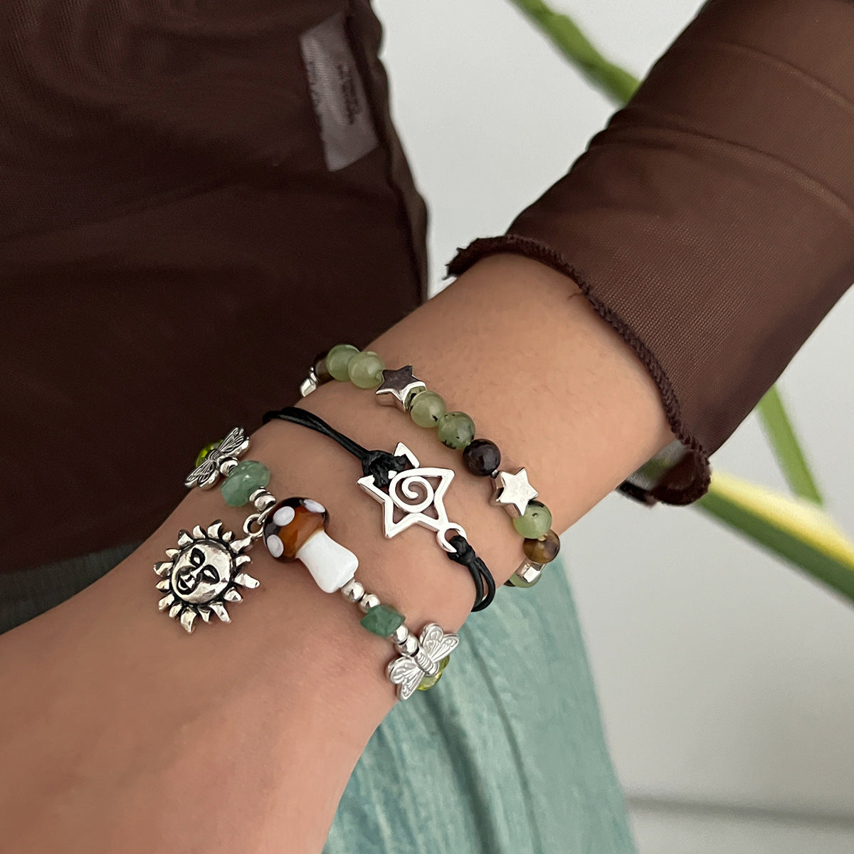 Vintage Ethnic Star-Shaped Alloy Bracelet for Women with Butterfly Mushroom and Botanical Motifs Natural Sun and Star Accents Handmade