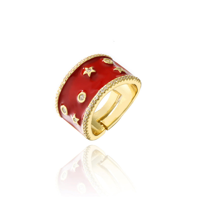 Elegant Geometric Drip Oil Brass Ring with Micro-Inlaid Cubic Zirconia for Women