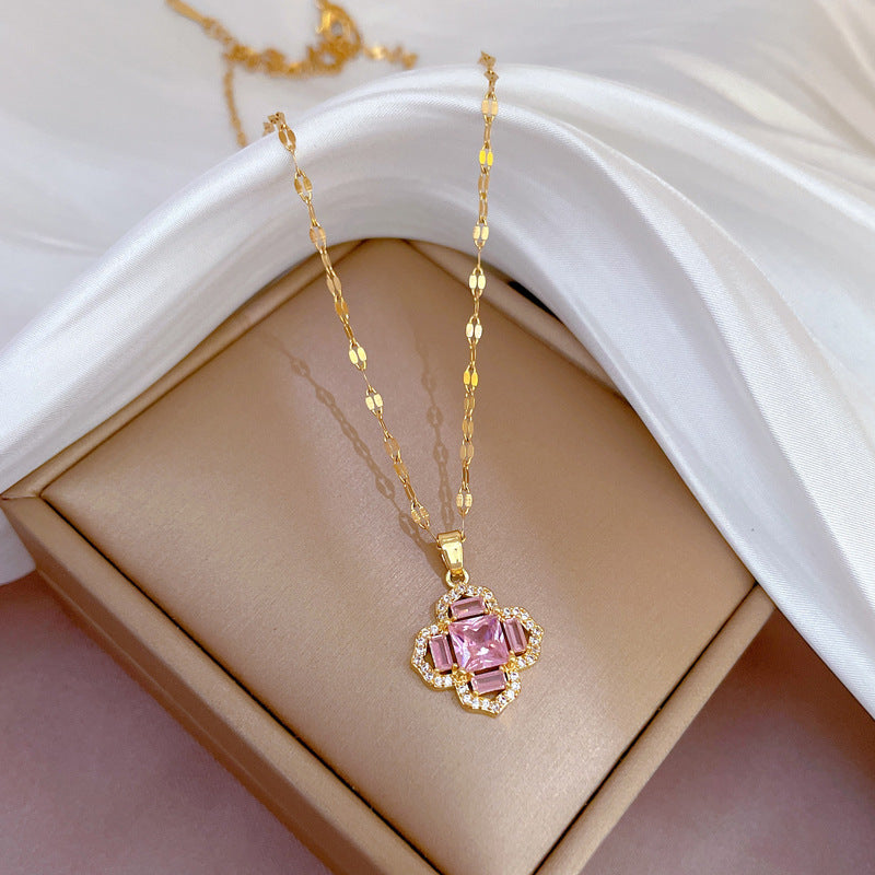 Elegant Floral-Shaped Titanium Steel Necklace with Micro-Paved Zirconia for Women, Delicate Clavicle Chain