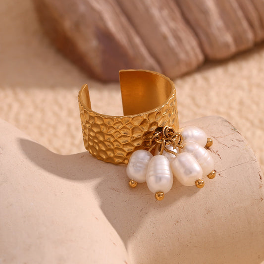 Vintage-Inspired Geometric Stainless Steel Ring with 18K Gold Plating, Pearl Dangle, and Hammered Texture