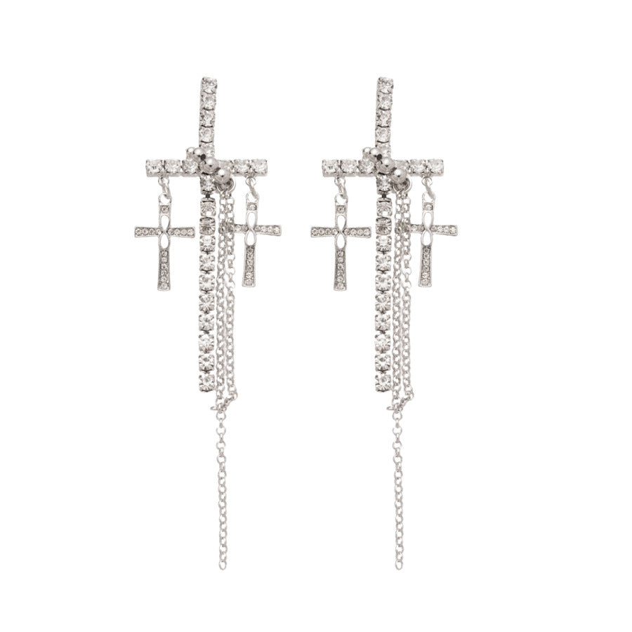 Pendientes de borla con colgante de cruz chic para mujer en cobre con incrustaciones de diamantes de imitación