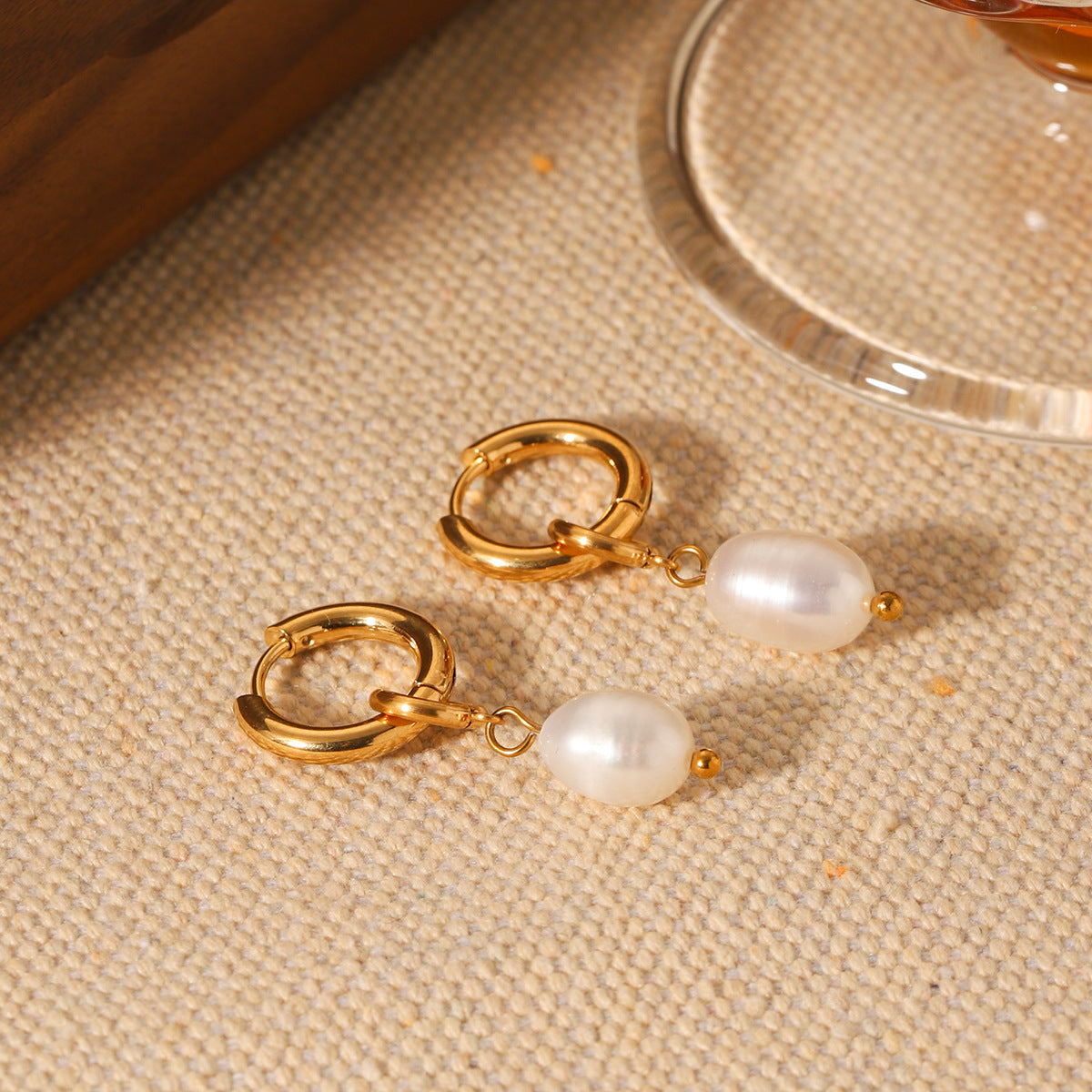 Minimalist Geometric Titanium Steel Hoop Earrings with Freshwater Pearl Accents for Women