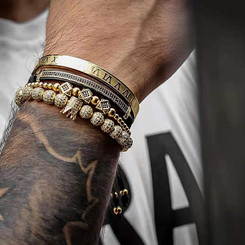 Vintage Punk Geometric Crown Brass Micro-inlay Cubic Zirconia Stainless Steel Braided Bracelet Set for Unisex