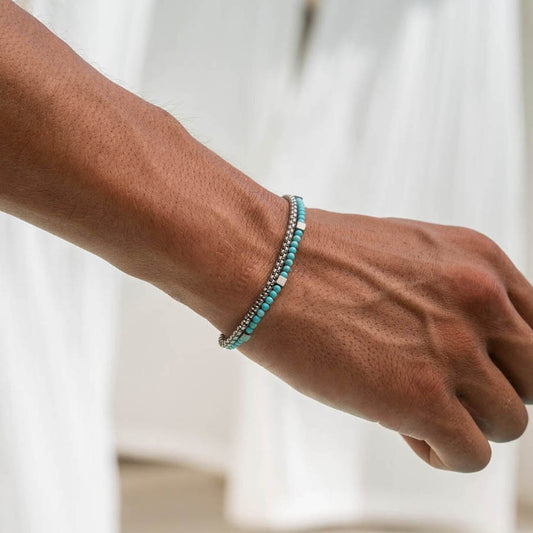 Bohemian Minimalist Round Turquoise and Hematite Beaded Chain Bracelet for Unisex