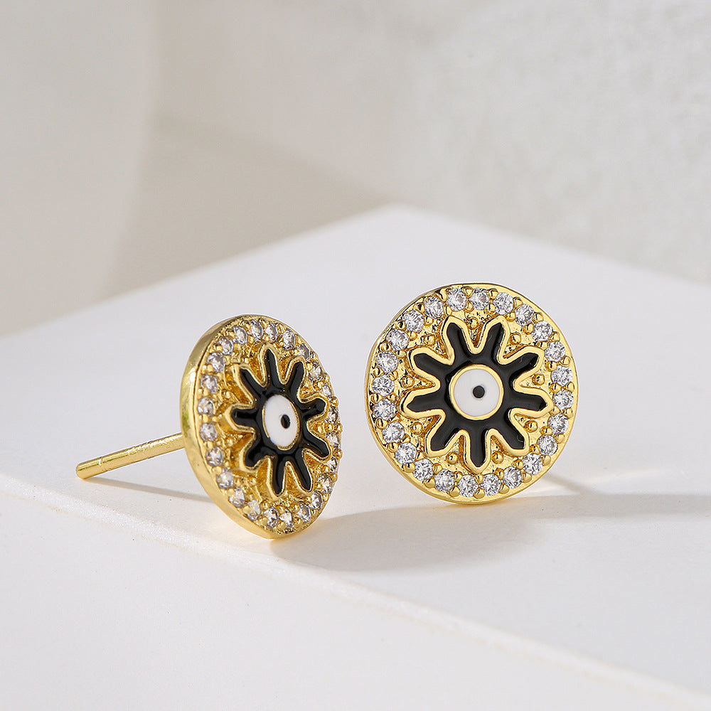 Orecchini a forma di occhio di Horo geometrici da donna realizzati in rame con placcatura in oro vero e finitura smaltata con intarsio di zirconi cubici