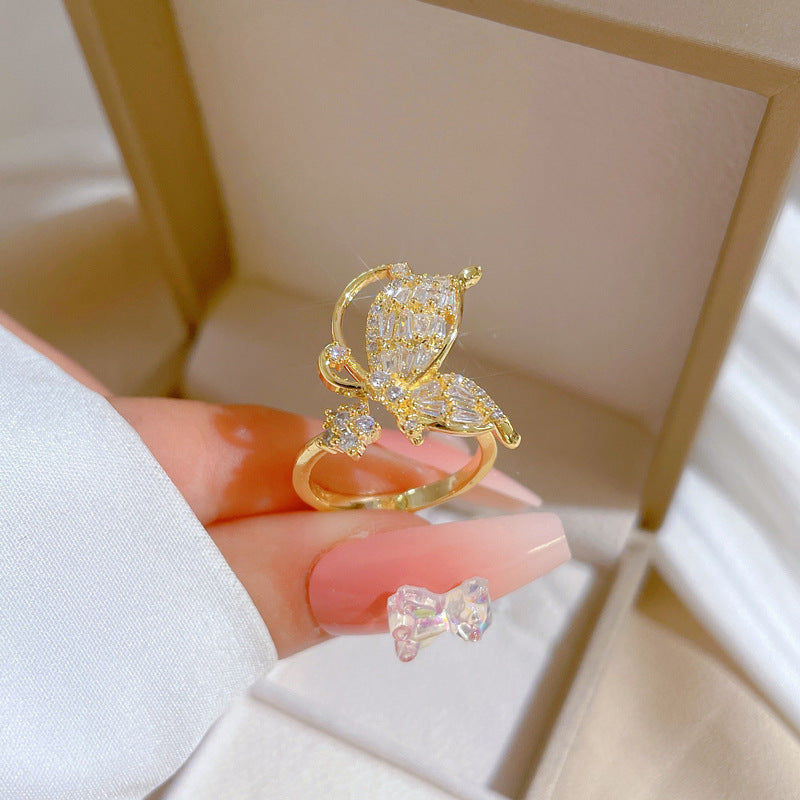 Butterfly Bowknot Rhinestone Adjustable Ring in Brass with Plated Finish for Women Minimalist Japanese Style Fashion Jewelry