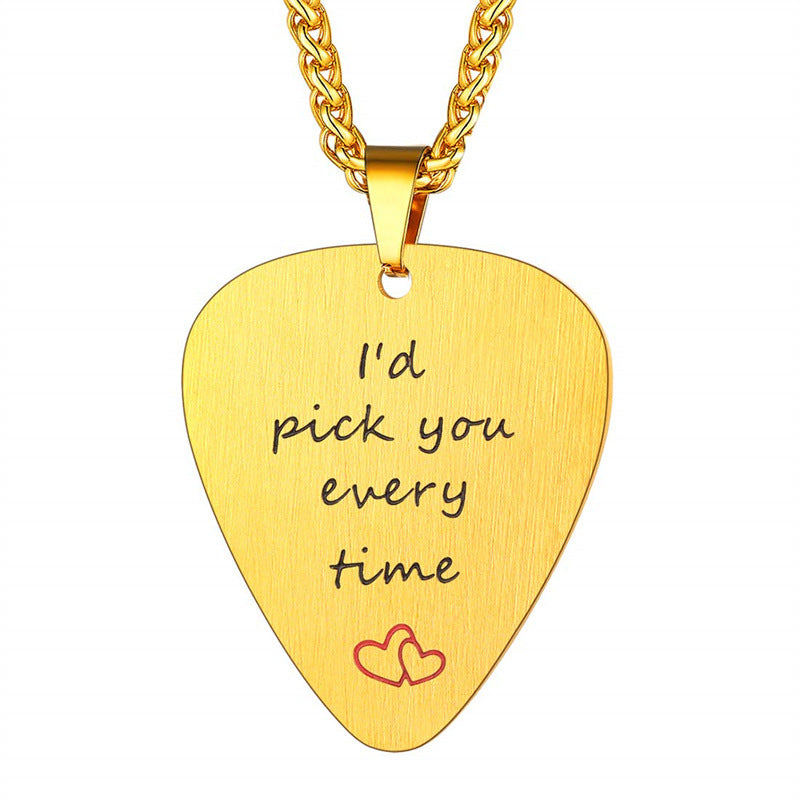 Natural Style Geometric Guitar Pendant Necklace for Unisex in Stainless Steel with Polished Titanium Steel Charm