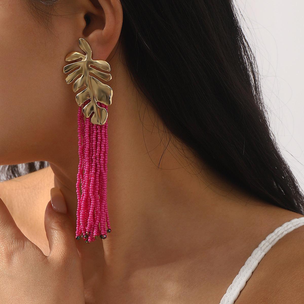 Bohemian Style Hand-Strung Beaded Tassel Long Leaf-Shaped Alloy Earrings for Women