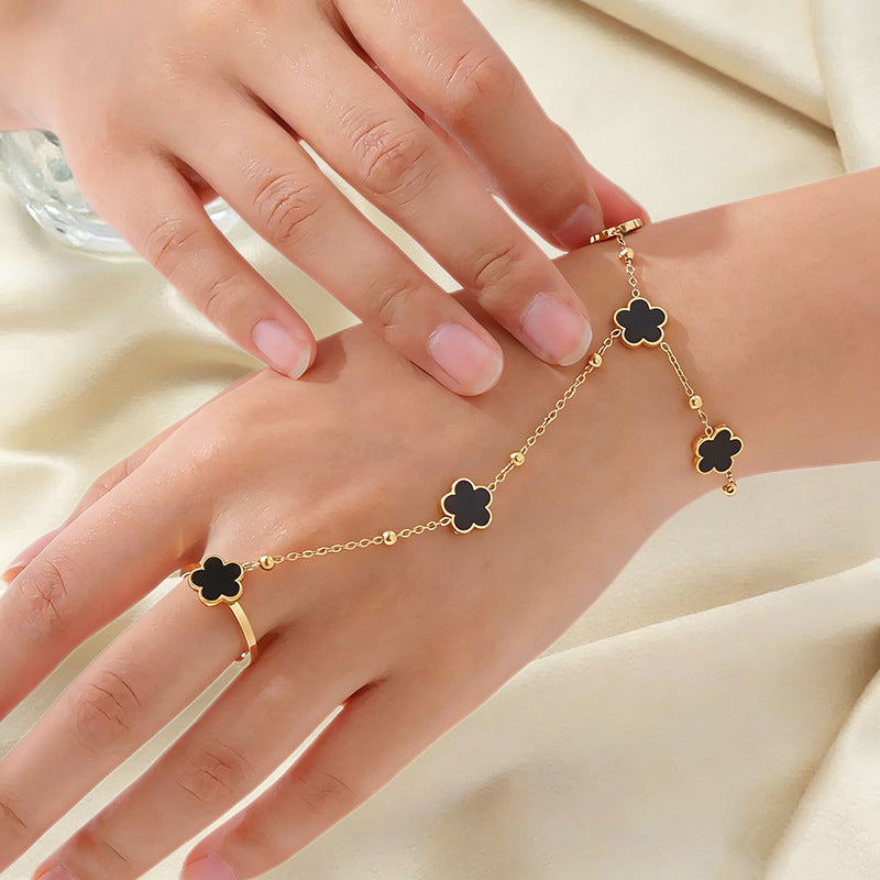 Matte Gold Plated Titanium Steel Butterfly Bead Hand Chain Ring