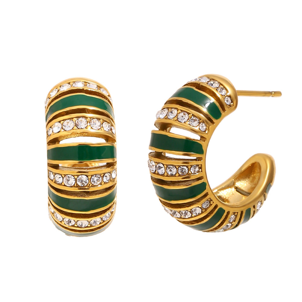 Minimalist Geometric Stainless Steel 18K Gold Plated Hollow C-Shaped Rhinestone Accent Enamel Drop Earrings for Women