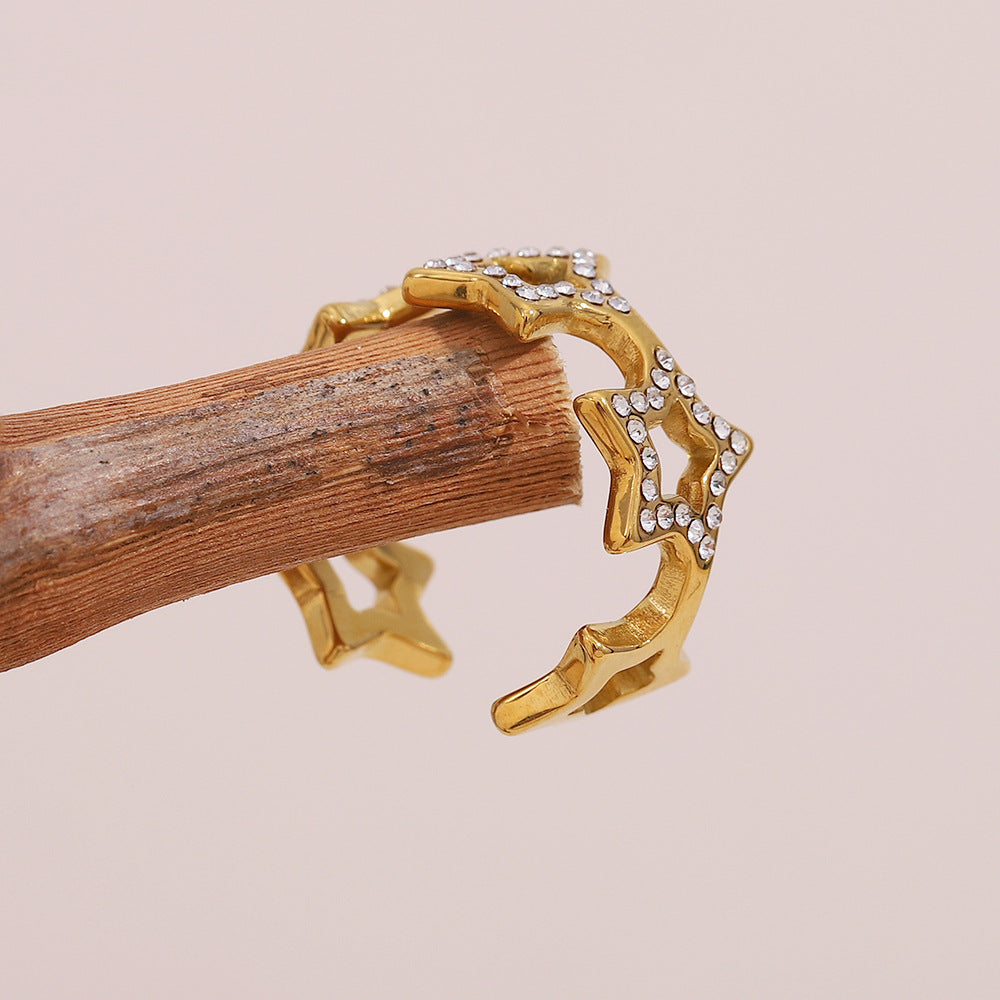 Minimalist Stainless Steel Star-Shaped Ring with 18K Gold Plating and Rhinestone Accents for Women