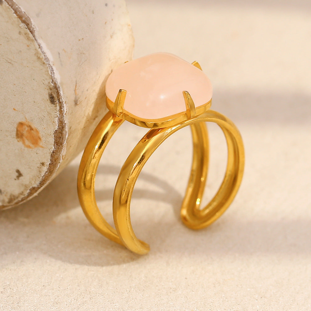 Fashionable French-Style Geometric Stainless Steel Plated 18K Gold Pink Jade Open Ring for Women