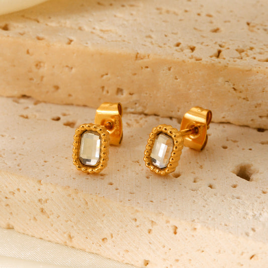 Orecchini a perno quadrati minimalisti in acciaio inossidabile stile francese con intarsio in zircone bianco e finitura in acciaio al titanio ipoallergenico