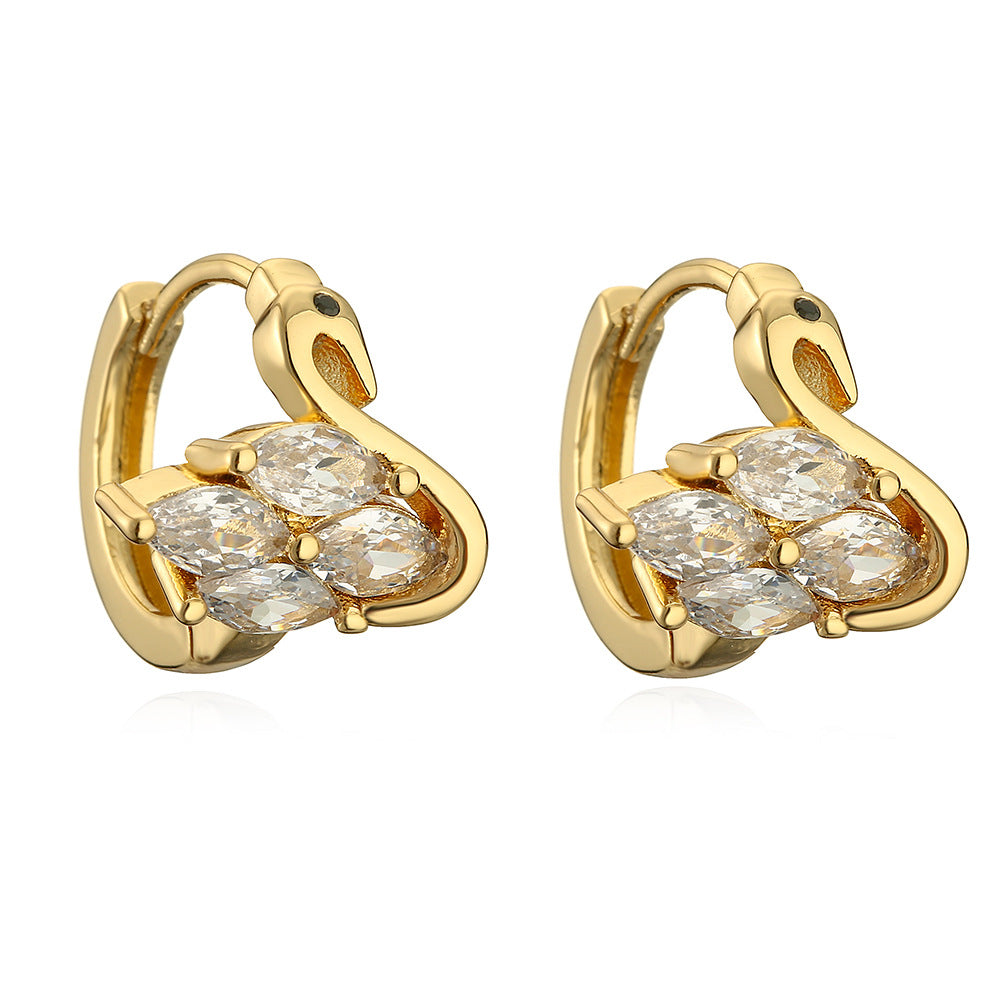 Minimalist Geometric Butterfly and Swan Earrings in Copper with Real Gold Plating and Zircon Inlay for Women