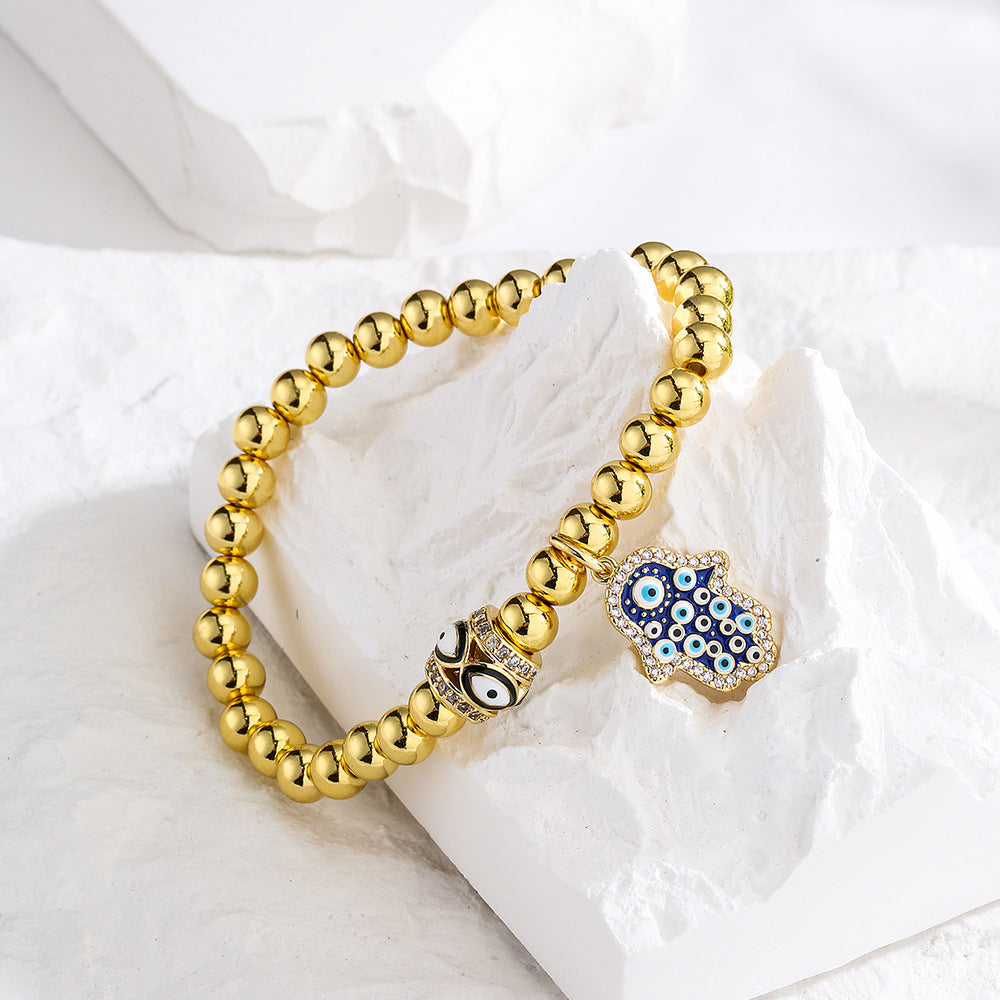 Minimalist Geometric Copper Hand of Fatima Evil Eye Charm Bracelet for Women