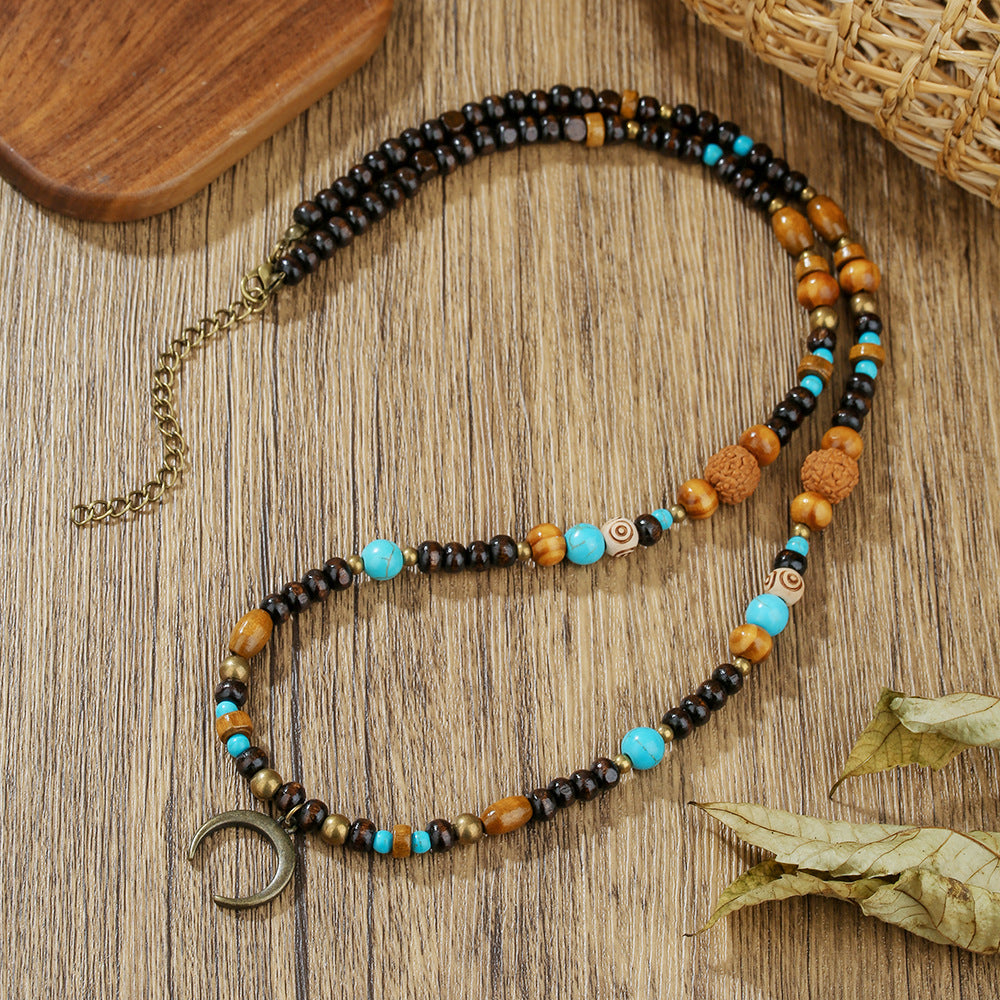 Vintage Geometric Moon Wood Bead Faux Turquoise Alloy Pendant Cable Chain Necklace for Unisex