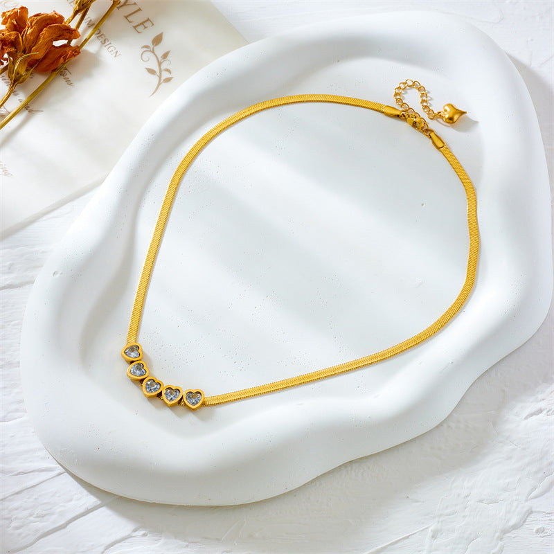 Minimalist Heart-Shaped Rhinestone-Inlaid Titanium Steel Blade Chain Necklace for Women