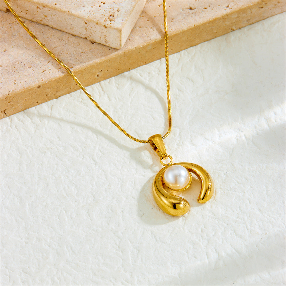 Minimalist Business Geometric Stainless Steel Pearl Inlay Plated Pendant Necklace with Snake Chain for Women