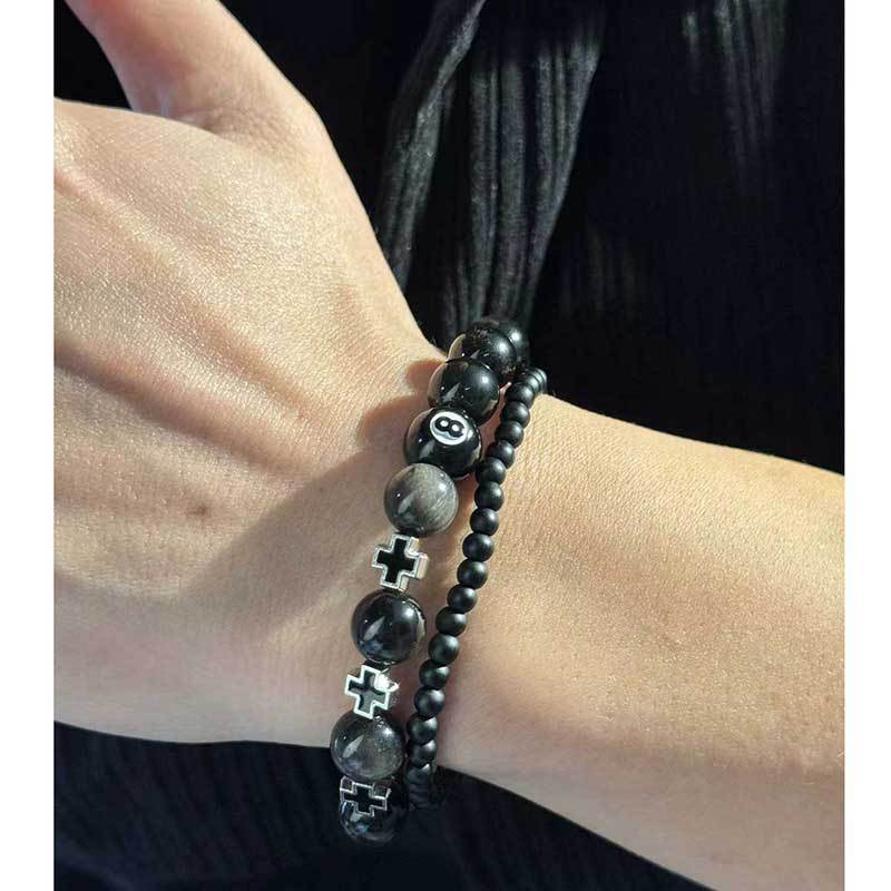 Geometric Cross Obsidian and Cat's Eye Beaded Bracelet