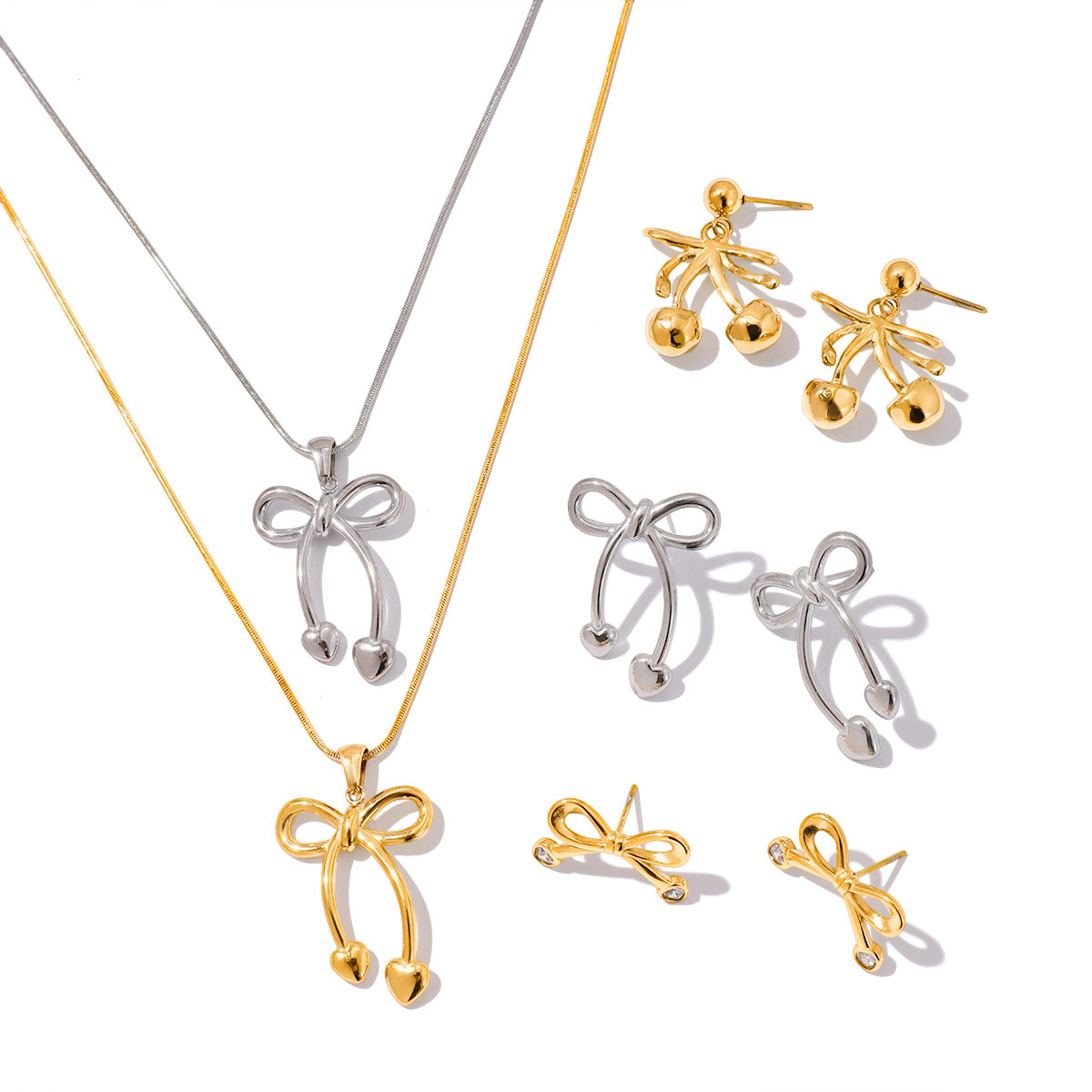 Set di collana e orecchini in acciaio inossidabile a forma di fiocco in stile principessa con pendente in acciaio al titanio e finitura galvanizzata da donna