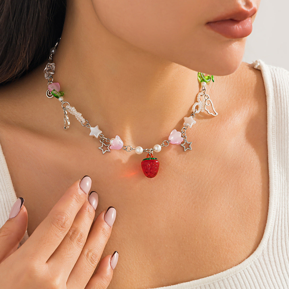 Ins Style Strawberry Pendant Necklace with Pearl-Look Beads, Heart and Star Charms, Tassel Accents, Plated Alloy, Handmade Chain for Women