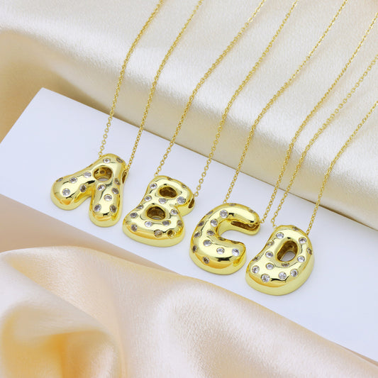 Sweet Plated Brass Letter Pendant Necklace with Cubic Zirconia Inlay for Women