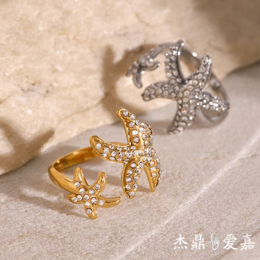 Full Rhinestone Starfish Stainless Steel Ring Plated Women