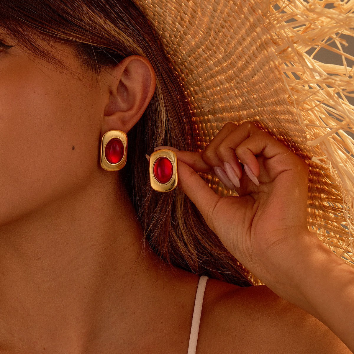 Vintage Geometric Stainless Steel Earrings with 18K Gold Plating and Agate-Inspired Design for Women