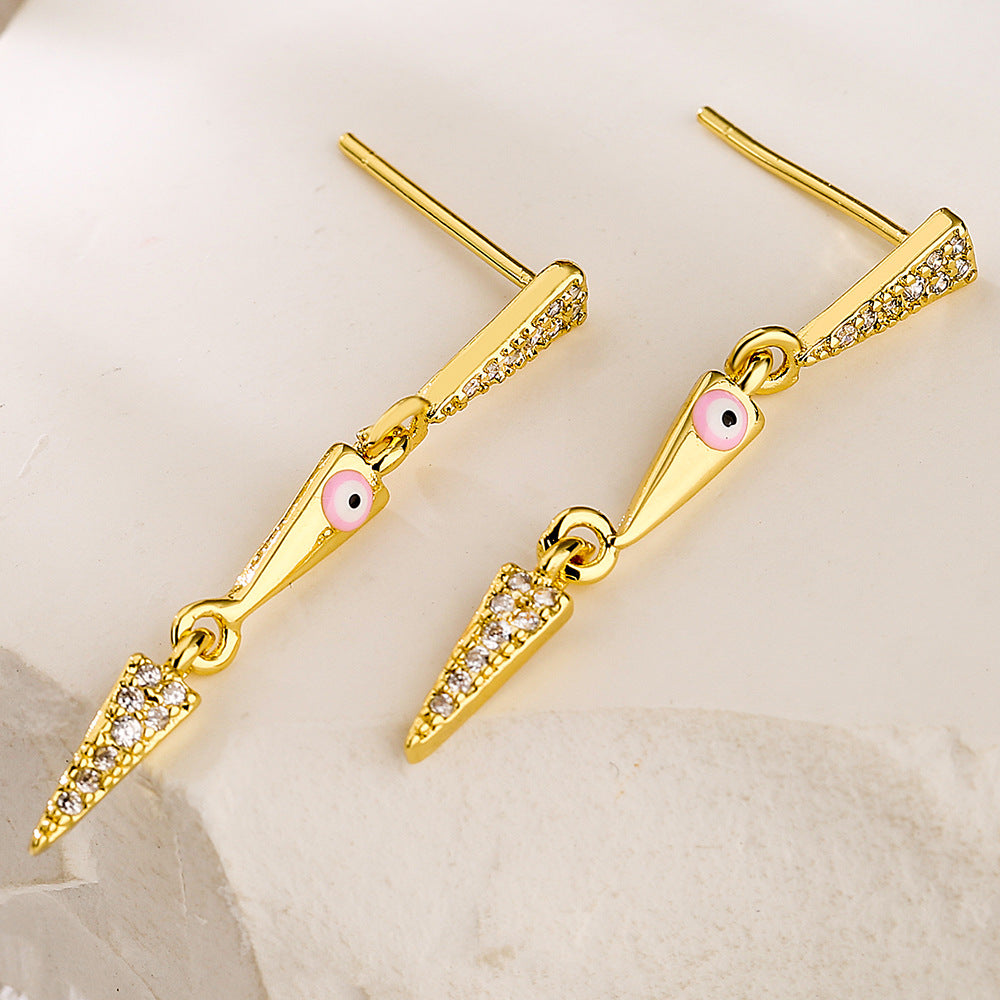 Orecchini Pendenti Triangolari Geometrici da Donna con Base in Rame Placcata in Vero Oro e Smalto con Zirconia Micro-Incastonata