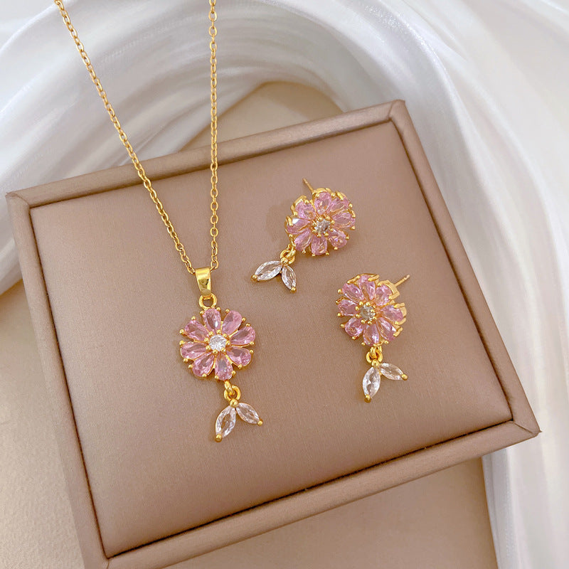 Luxury Fresh and Sweet Plated Brass Zircon Micro-Pave Earrings and Necklace Set