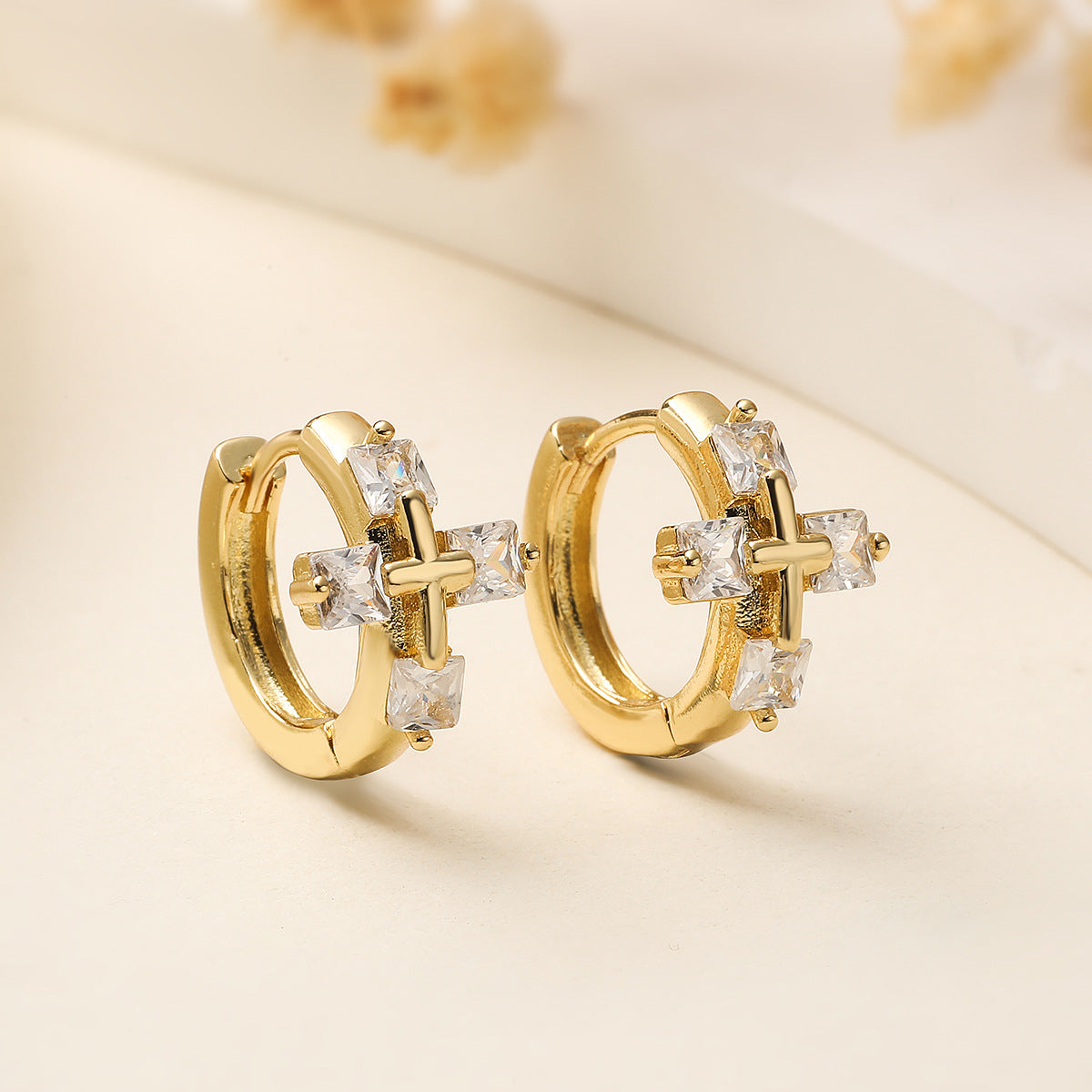 Minimalist Heart Cross Earrings for Women in Copper with 18K Gold Plating and Zircon Inlay