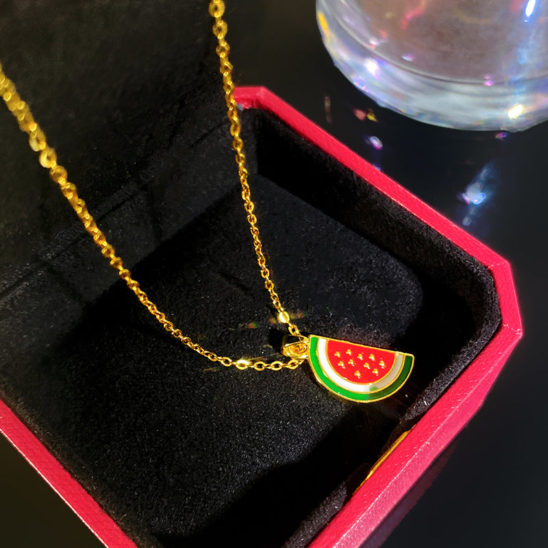 Sporty Sweet Micro-Set Cubic Zirconia Fruit Square Pendant Titanium Steel Cable Chain Necklace