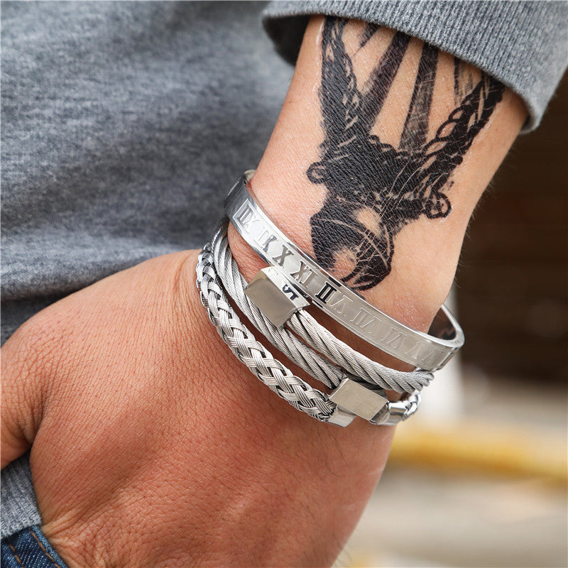 Punk Geometric Round Letter Titanium Steel Plated Open Cuff Bracelet Set for Unisex