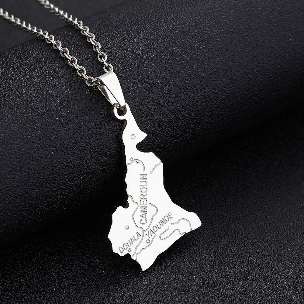 Collar con Colgante de Mapa de Camerún Geométrico de Estilo Étnico en Acero Inoxidable con Acabado Esmaltado para Uso Unisex