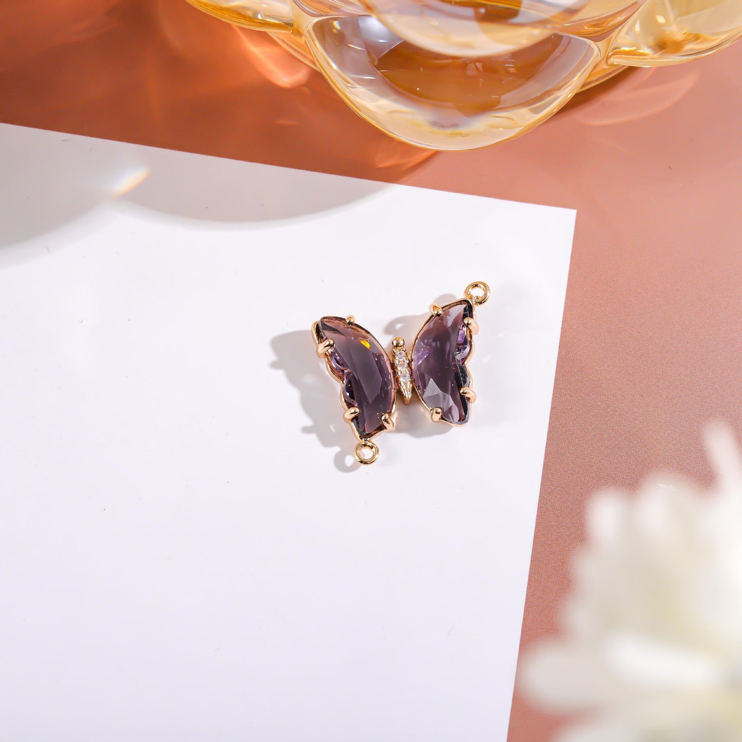 Sweet Gradient Glitter Crystal Butterfly Double Pendant Brass Plated Charm Bar