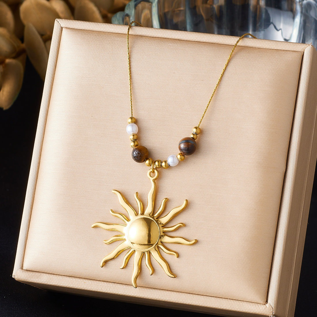 Bohemian Vintage Gold Plated Polished Sun Pendant Stainless Steel Snake Chain Necklace for Women