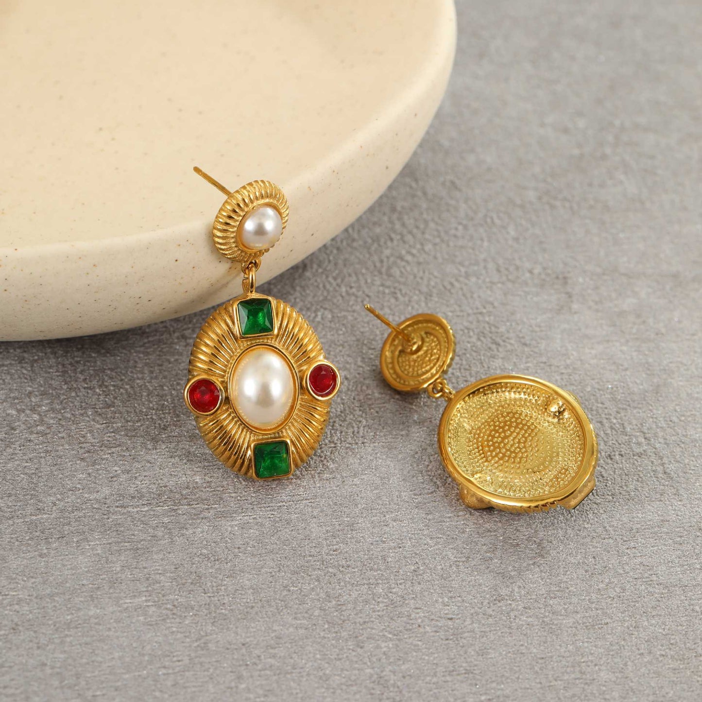 Vintage Geometric Stainless Steel Earrings with 18K Gold Plating, Pearl and Zircon Inlay for Women