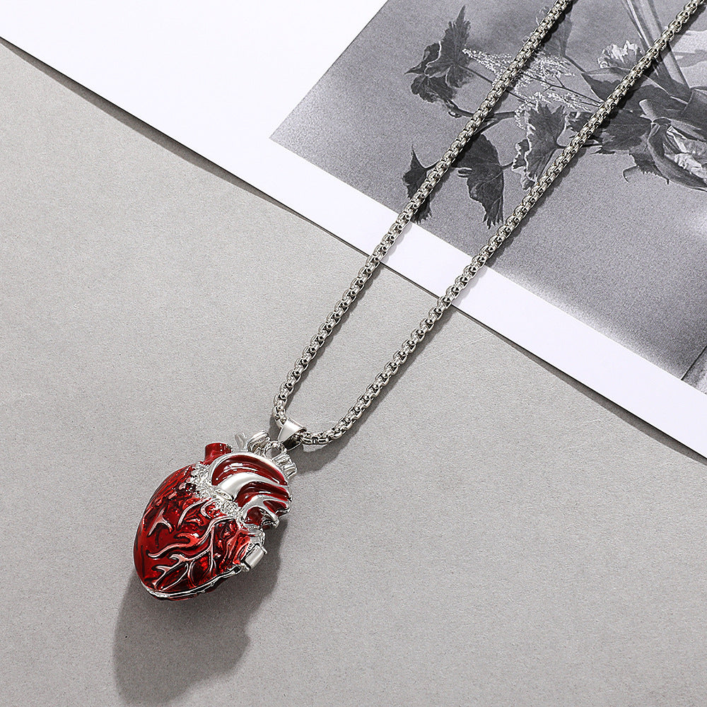 Collar con colgante vintage de aleación con forma de corazón, diseño de caja de corazón rojo que se abre, acabado galvanizado, accesorio de moda unisex