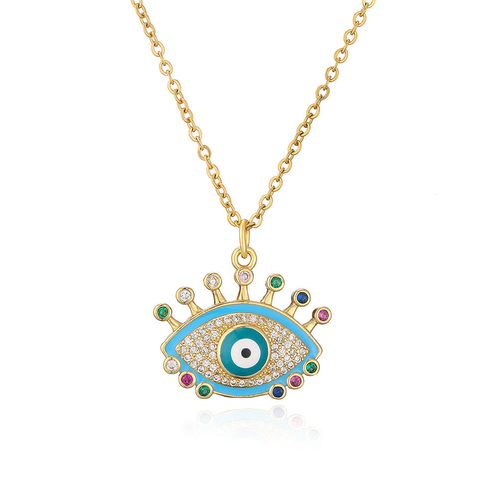 Minimalist Geometric Evil Eye Pendant Necklace for Women with Copper Base and Gold Plating, Enamel Finish and Zircon Inlay